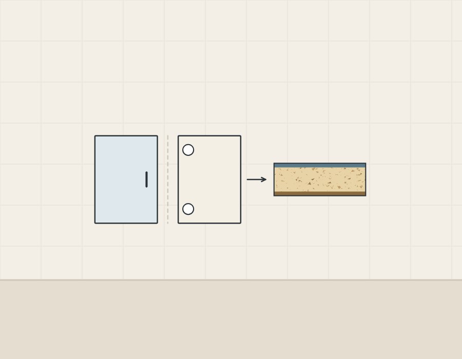 Illustration of a cabinet door seen from the front and from the back, with an arrow to its panel section