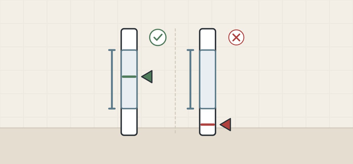 Illustration of two range scales, one with the load marker inside the bracketed band and a tick, one with the marker below the band and a cross