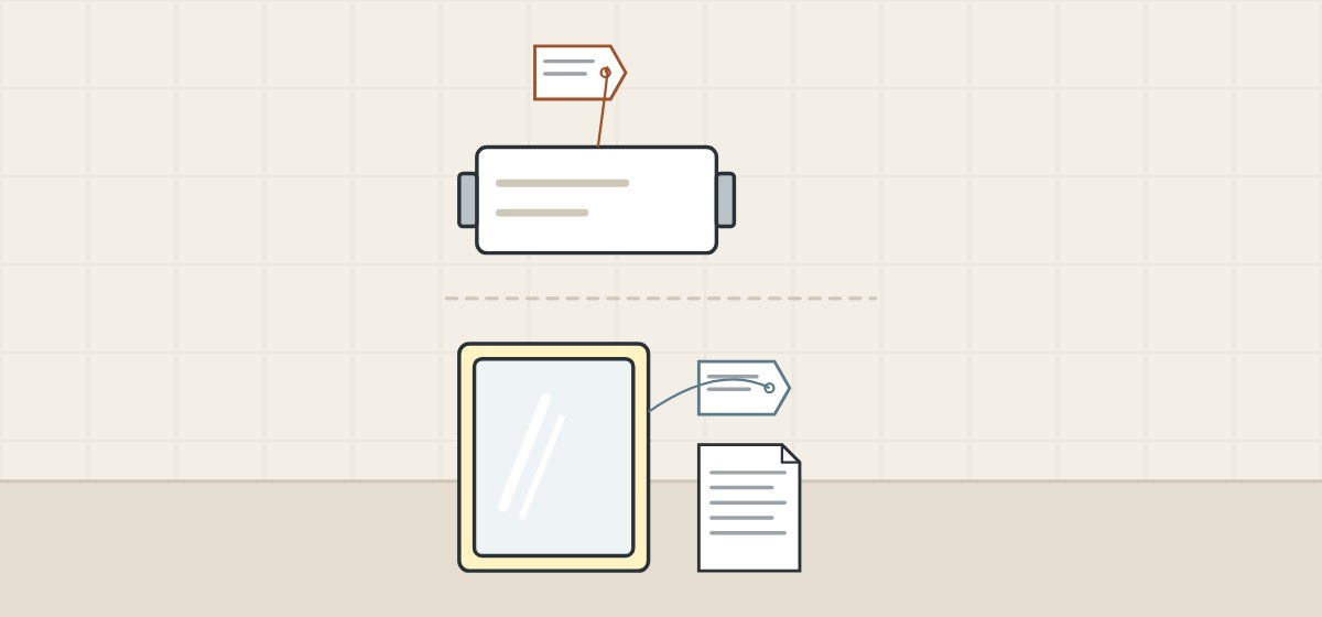 Illustration of a driver box with its own tag and, separately, a lit mirror with its own tag and a document