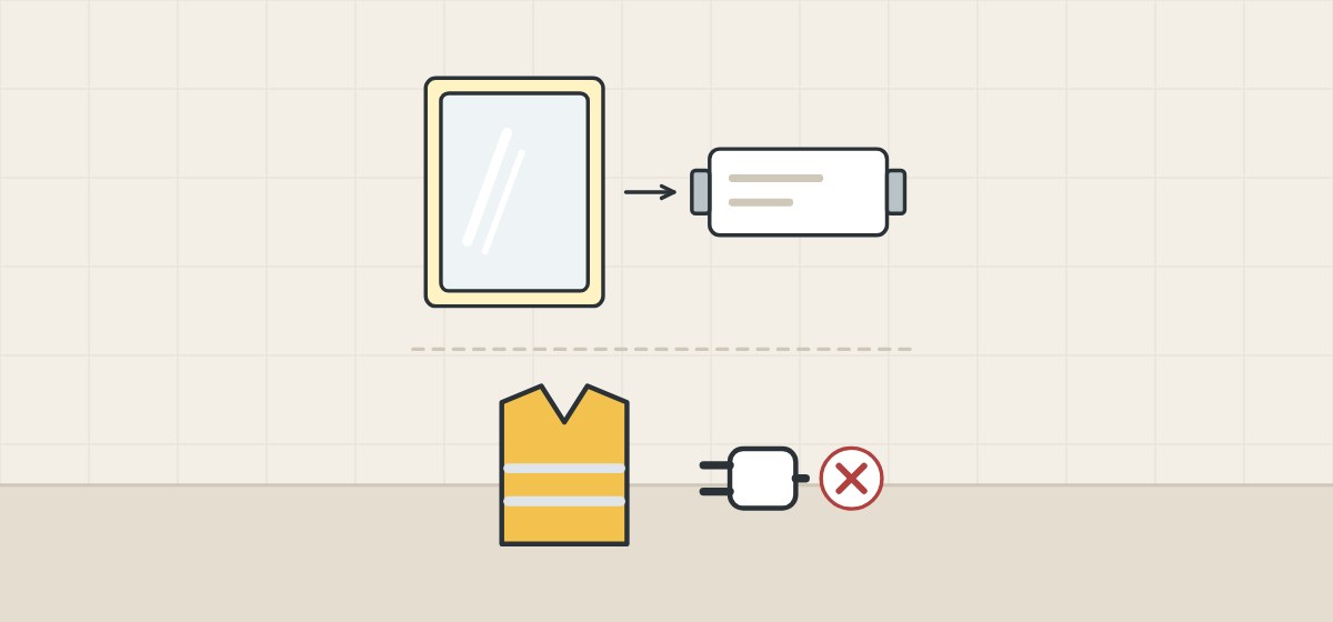 Illustration of a lit mirror with an arrow to its driver box above a safety vest and a mains plug marked with a cross