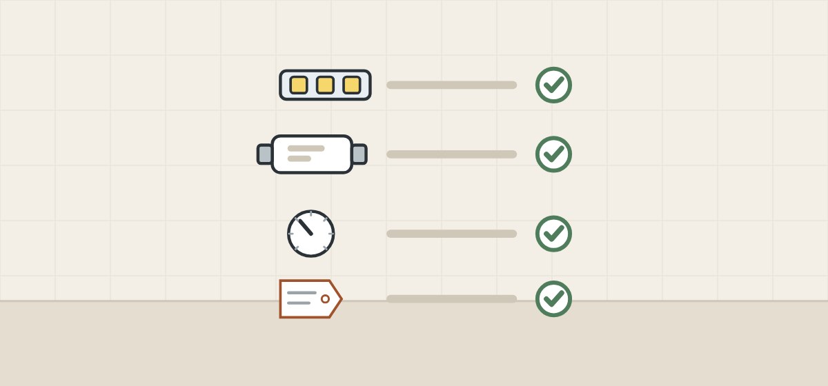 Illustration of a checklist with four ticked rows: an LED strip, a driver box, a dimmer dial and a rating tag