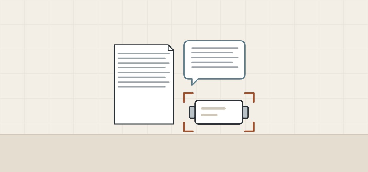 Illustration of a request document, a message bubble and a driver box inside photo corner marks