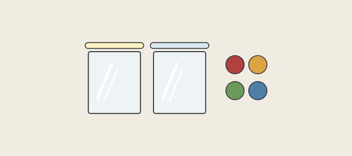 Illustration: two mirrors, one under a warm light bar and one under a cool light bar, beside four colour samples