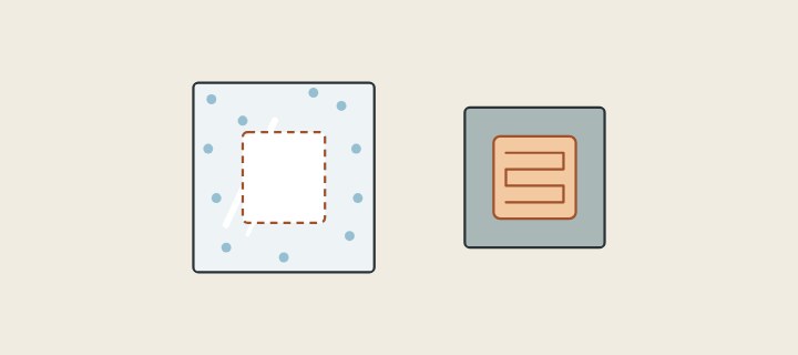 Illustration: a fogged mirror with a clear dashed area in its middle beside the back of a mirror carrying a heating pad