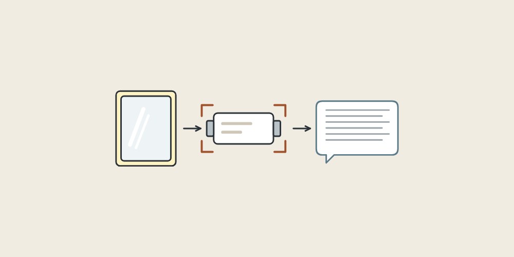 Illustration of a lit mirror, a driver box inside photo corner marks and a message bubble linked by arrows