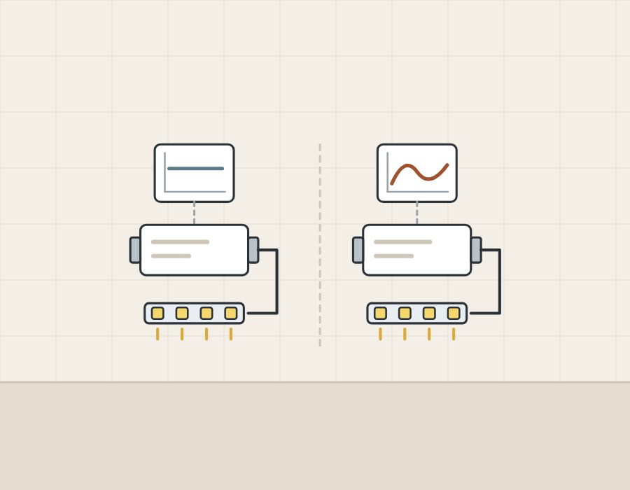Illustration of two similar driver boxes each feeding an LED strip, one under a steady line and one under a varying line