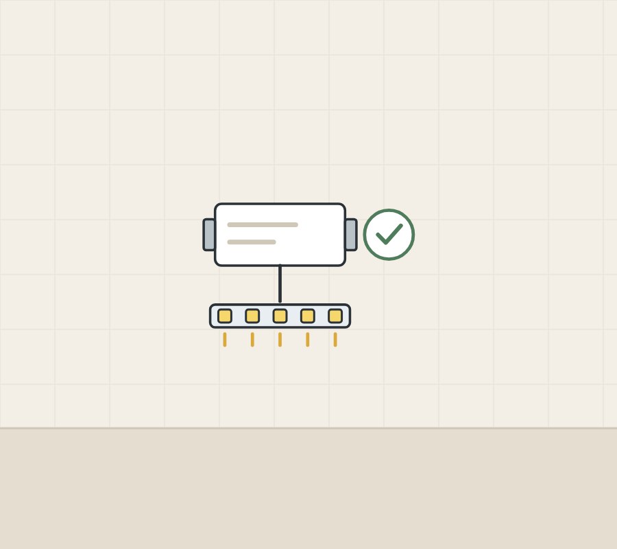 Illustration of a driver box feeding a lit LED strip, with a tick
