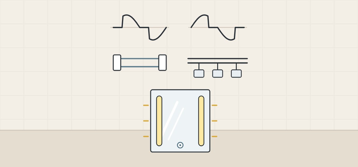 Illustration of two phase-cut waves, a pair of control wires, a two-wire bus with three devices and a mirror with a touch point