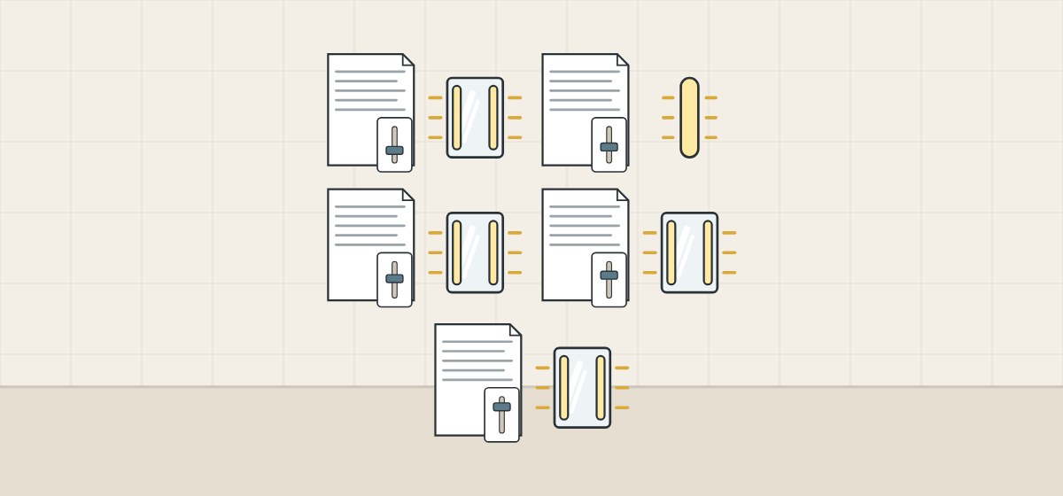 Illustration of five installation documents, each carrying a wall-dimmer symbol, four beside a lighted mirror and one beside a light bar