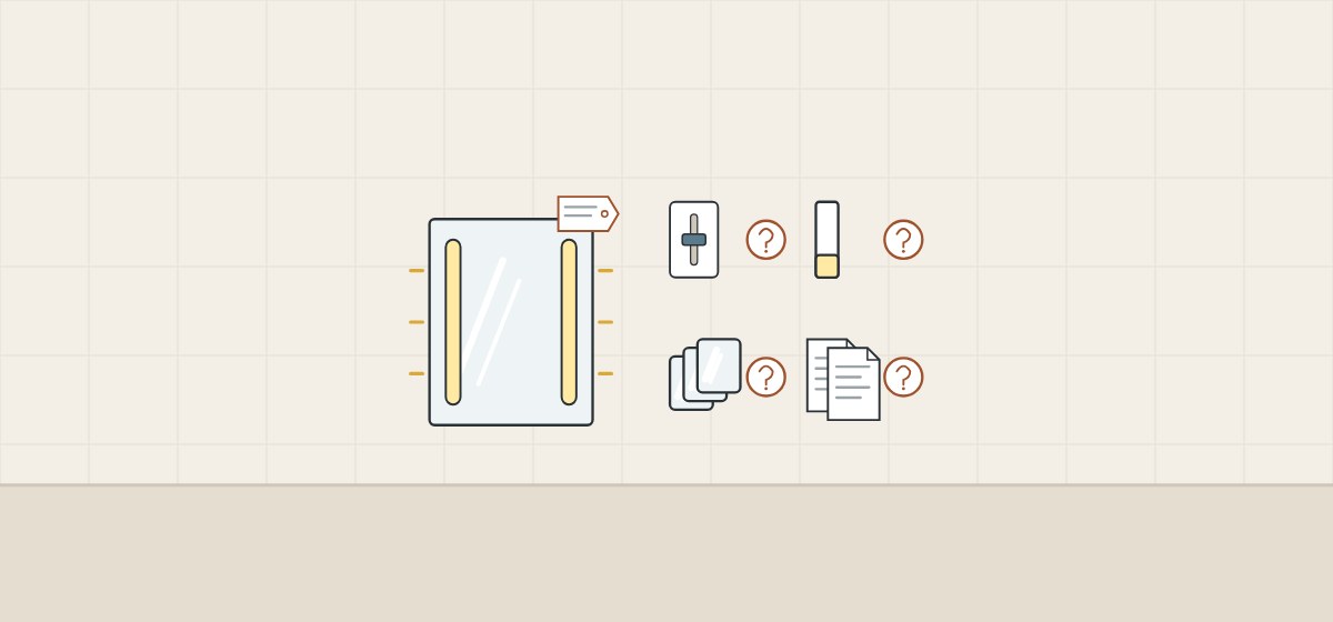 Illustration of a lighted mirror with a label tag beside a dimmer, a level bar, a stack of mirrors and two document revisions, each with a question mark