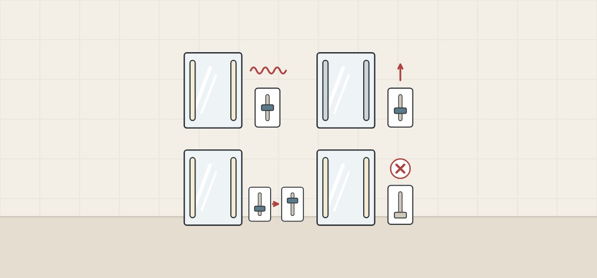 Illustration of four mirrors showing a wavering light, a dark mirror while the dimmer is raised, a moved slider with no change and a glow with the control off