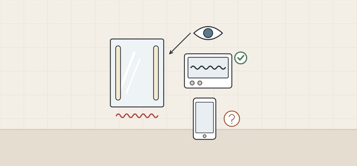 Illustration of a dimmed mirror with a wavering light level, an eye, a measuring instrument with a tick and a phone with a question mark