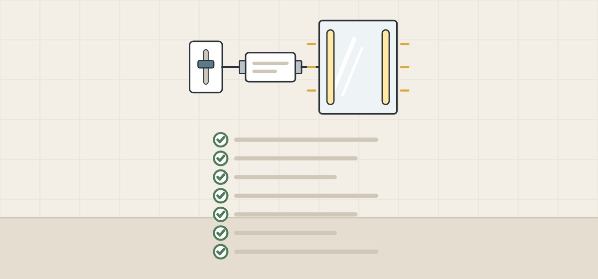 Illustration of a wall dimmer, a driver box and a lighted mirror above a checklist of seven ticked lines