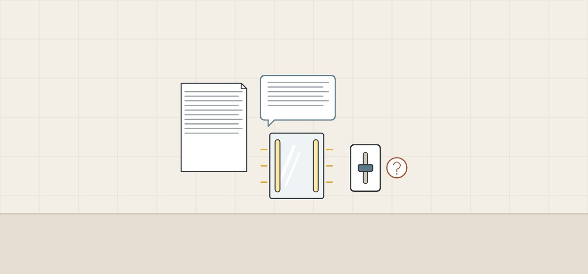 Illustration of a request document, a message bubble, a lighted mirror and a wall dimmer with a question mark