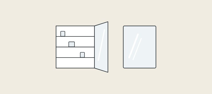 Illustration: an open mirror cabinet with shelves beside a plain wall mirror