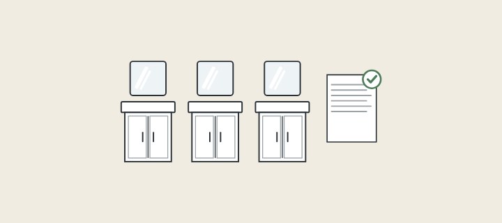 Illustration: three identical vanities with mirrors in a row beside a ticked specification document