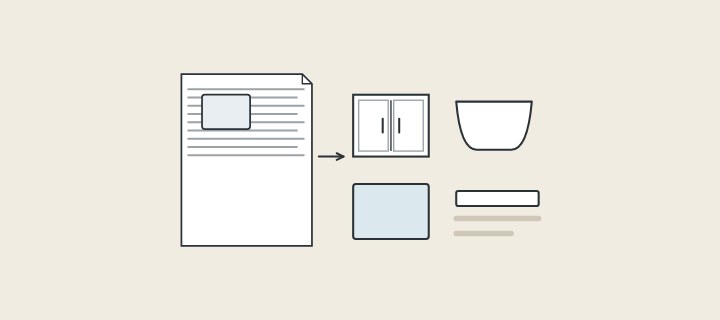 Illustration: a specification sheet beside a vanity, a basin, a glass panel and a top