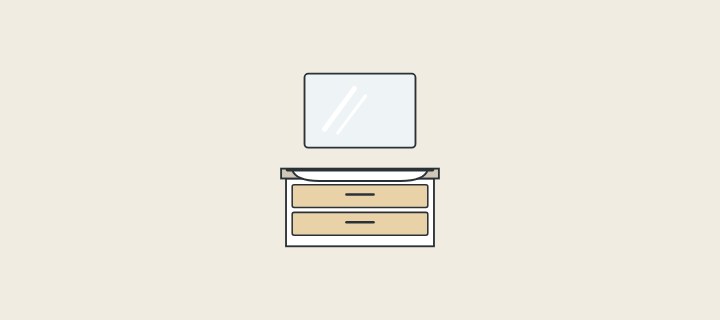 Illustration: a vanity set: mirror above a basin on a two-drawer cabinet