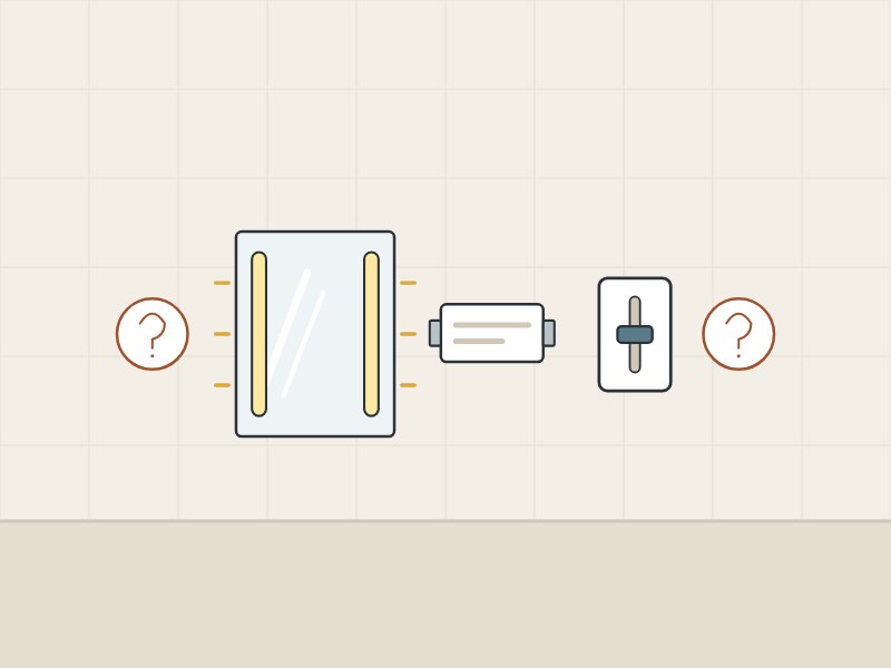 Illustration of a lighted mirror, a driver box and a wall dimmer between two question marks