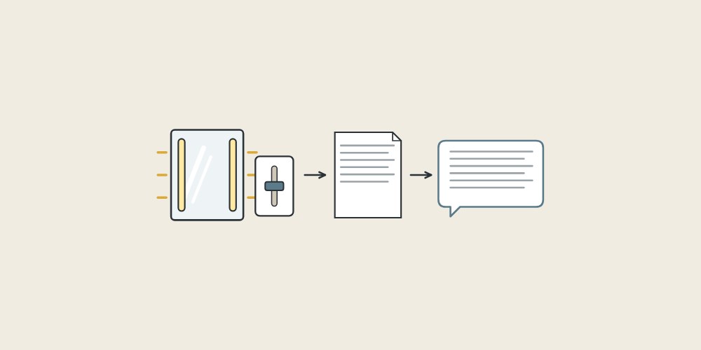 Illustration of a lighted mirror and a wall dimmer, a document and a message bubble linked by arrows