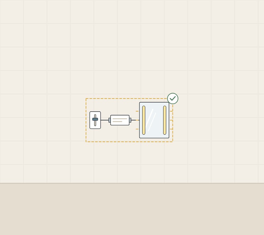 Illustration of a wall dimmer, a driver box and a lighted mirror inside one dashed outline with a tick