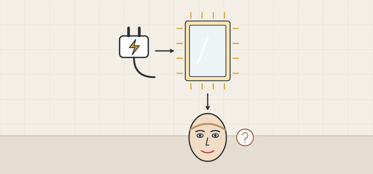 Illustration of a mains plug, a lit mirror emitting rays and a face beside a question mark, linked by arrows