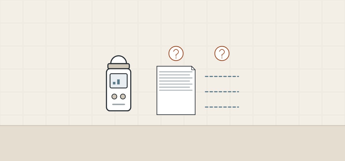 Illustration of a meter, a document and three dashed level lines under question marks