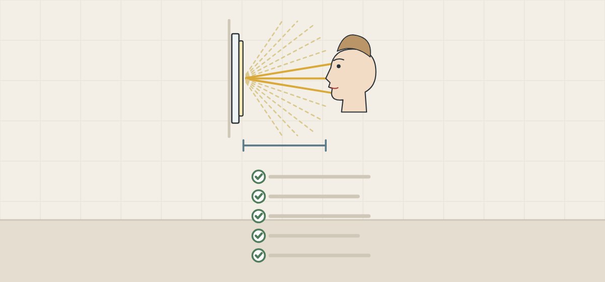 Illustration of a lit mirror with rays to a face and a distance marker above a ticked checklist