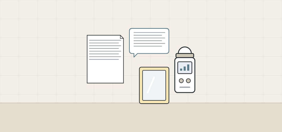 Illustration of a request document, a message bubble, a lit mirror and a meter