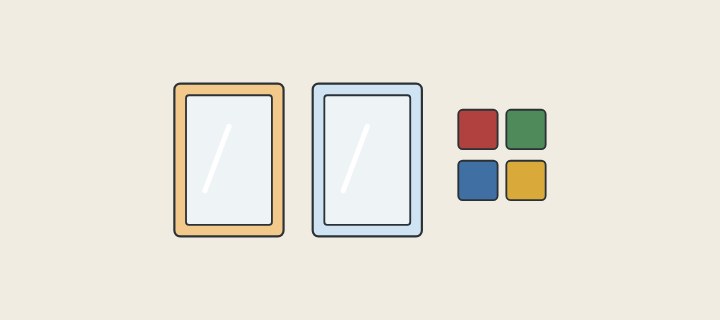 Illustration: two lit mirrors, one with a warm light band and one with a cool light band, beside four colour swatches