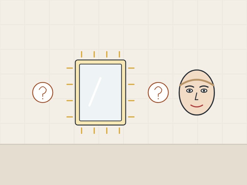 Illustration of a lit mirror and a face with question marks between them