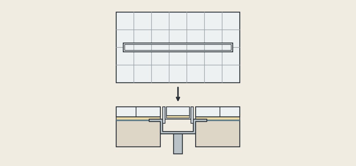 Illustration of a tile-in drain cover seen from above in a tiled floor and in section as a shower base holding a strip of tile