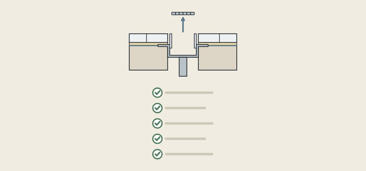 Illustration of a grate lifted out of a channel in a tiled floor above a ticked checklist