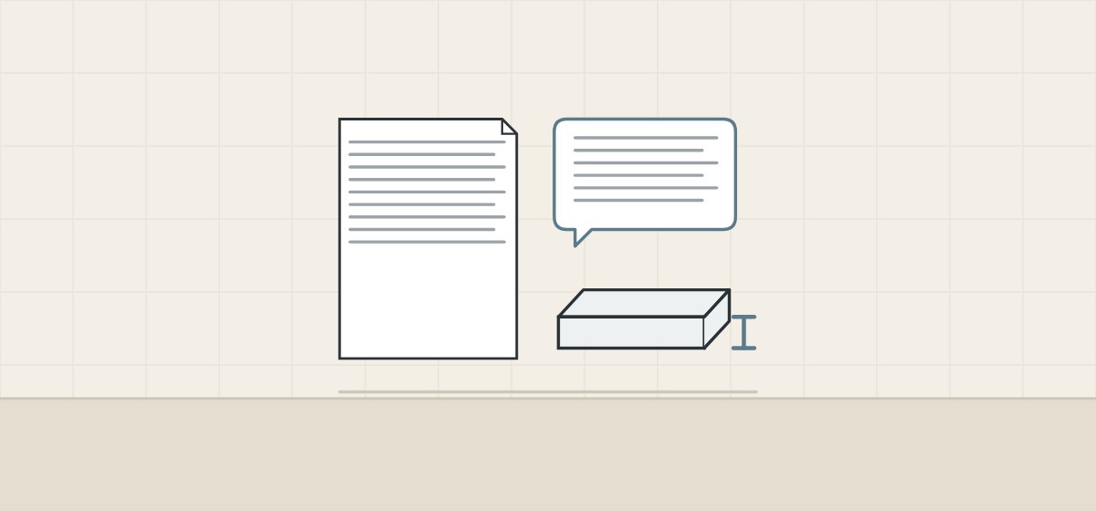 Illustration of a document, a message bubble and a tile sample with its thickness marked