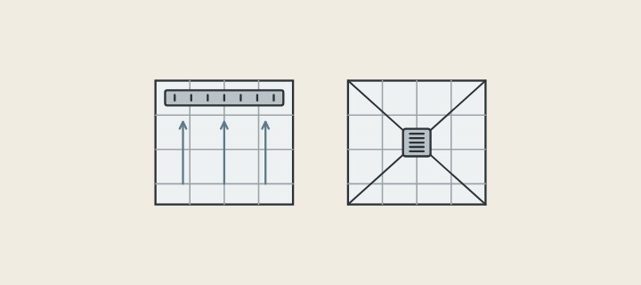 Illustration of two tiled floors from above, one with a linear grate along an edge and one with a square drain in the middle