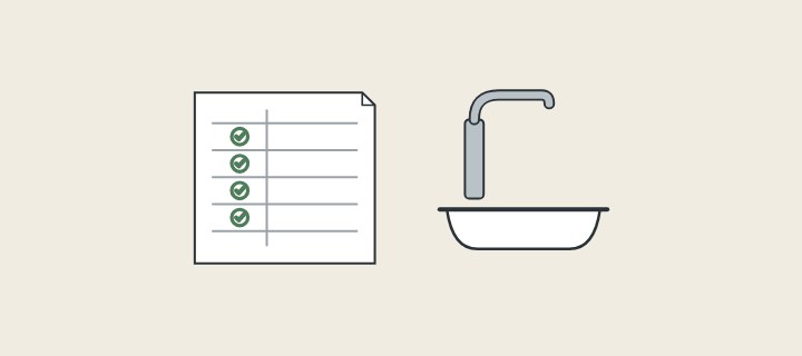 Illustration of a ruled specification sheet with ticked rows beside a faucet and basin