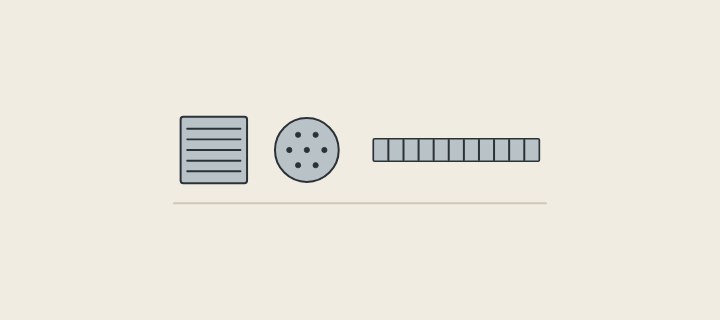 Illustration of a square floor drain, a round floor drain and a linear grate seen from above