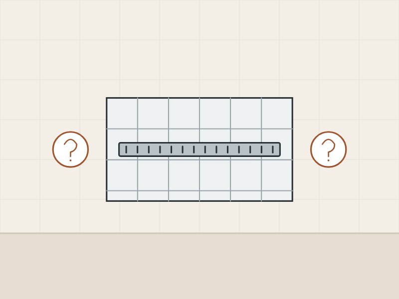 Illustration of a tiled floor seen from above with a linear grate between two question marks