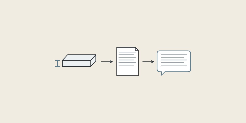 Illustration of a tile sample with a thickness mark, a document and a message bubble linked by arrows