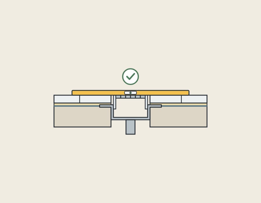 Illustration of a section through a tiled floor and channel drain with a straightedge lying across the tile and the grate