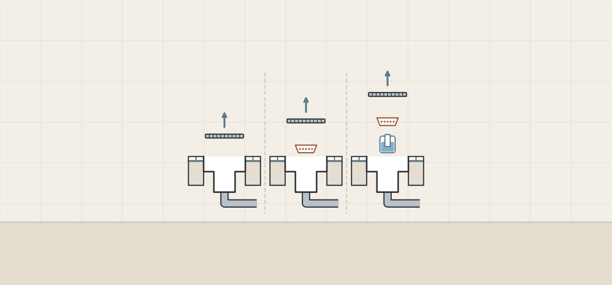 Illustration of three channel drains: one with only the grate lifted, one with grate and hair catcher, one with grate, hair catcher and odor trap