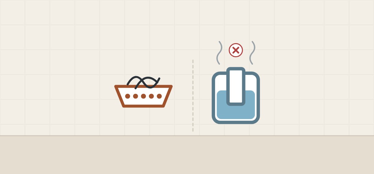 Illustration of a perforated hair basket holding hair beside a cup-shaped odor trap holding water with a crossed-out odor symbol above it