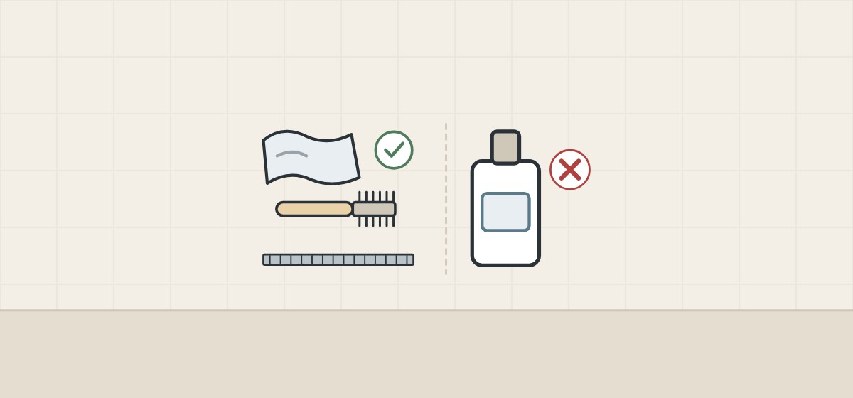 Illustration of a cloth, a soft brush and a grate with a tick beside a cleaner bottle marked with a cross