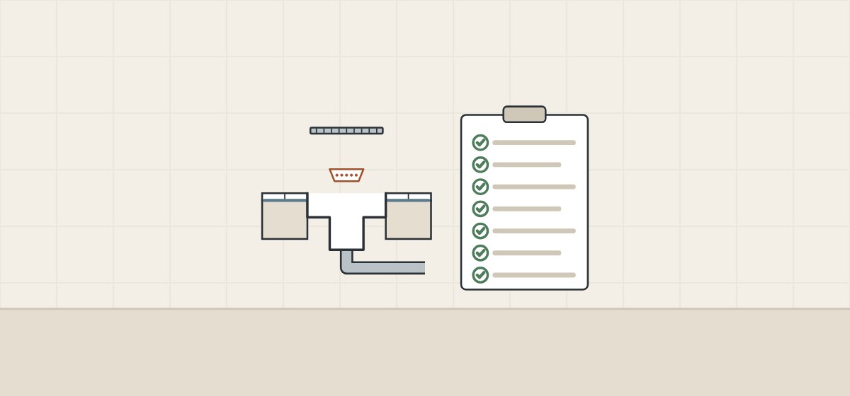 Illustration of a channel drain with grate and hair catcher lifted beside a ticked service schedule