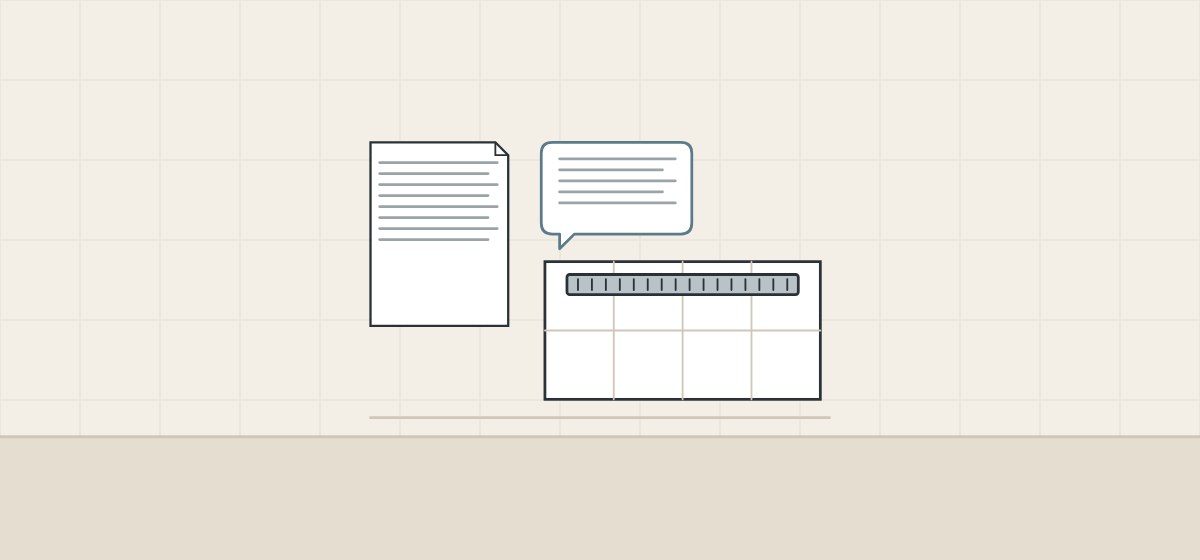 Illustration of a document, a message bubble and a tiled floor with a linear drain seen from above