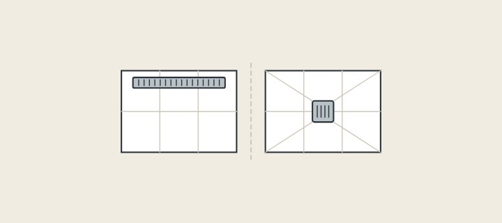 Illustration: two tiled floors seen from above, one with a long drain along the edge and one with a square drain in the middle