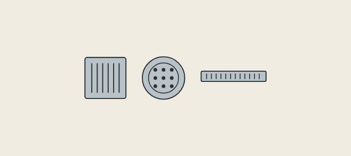 Illustration: a square floor drain, a round floor drain and a linear drain grate seen from above