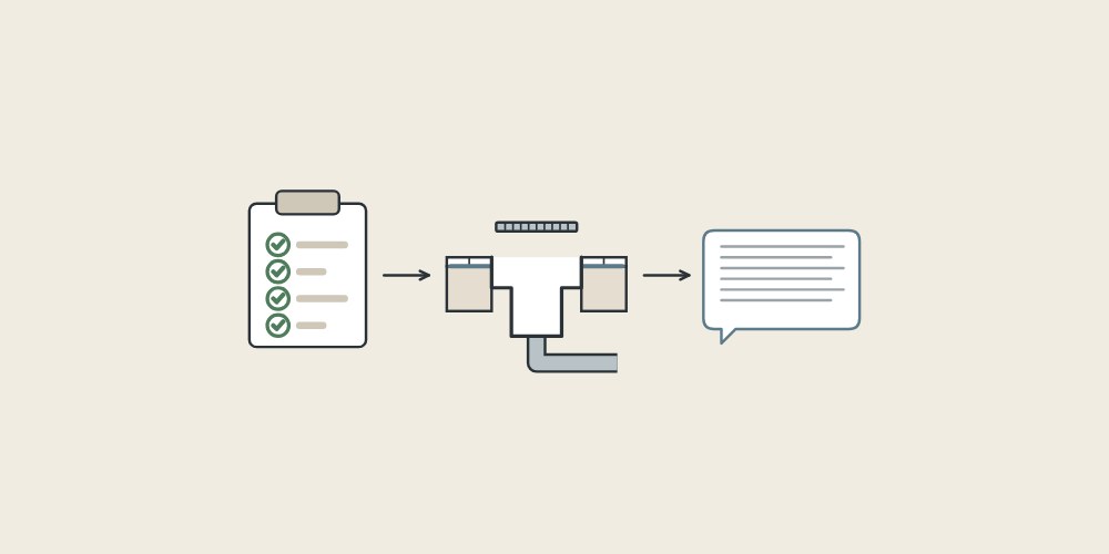 Illustration of a task list, a channel drain and a message bubble linked by arrows