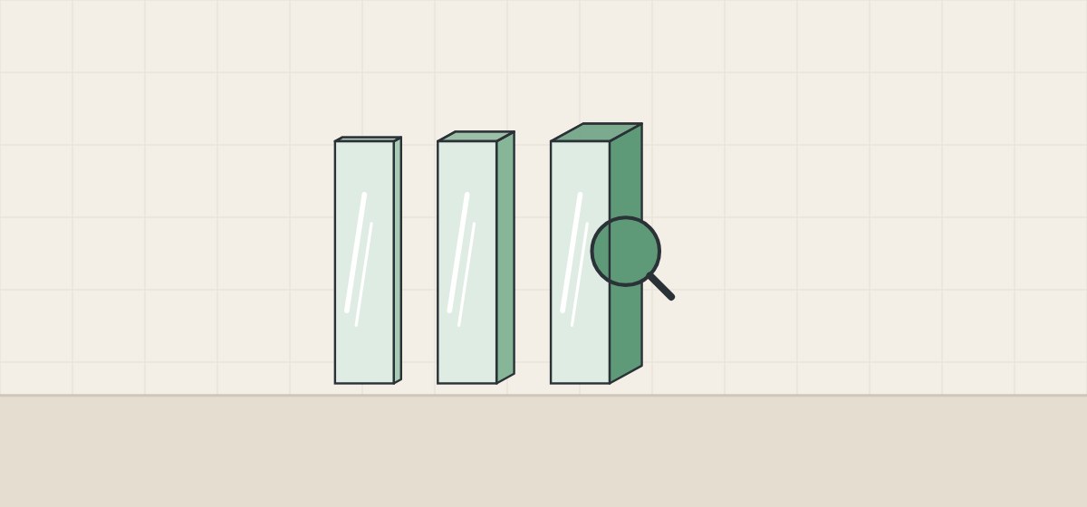 Illustration of three clear glass panels of increasing thickness with progressively greener edges and a magnifier on the thickest