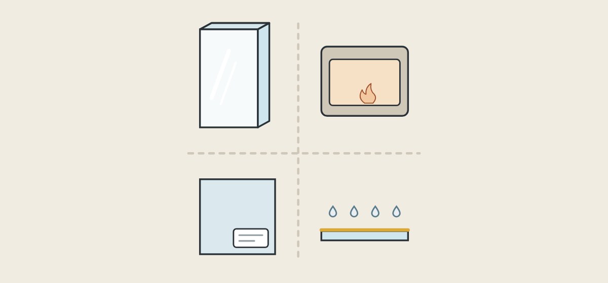 Illustration of a glass panel, a furnace, a labeled glass pane and a coated surface in a grid divided by dashed lines